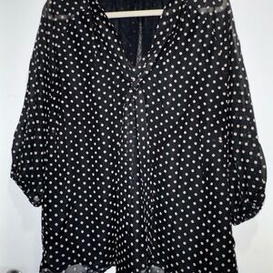 Calvin Klein Black Blouse with Cream Polka Dots EUC 1X